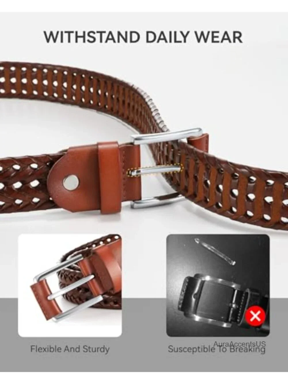 Genuine Leather Braided Woven Belt 35mm, Adjustable Casual Dress Belt Men